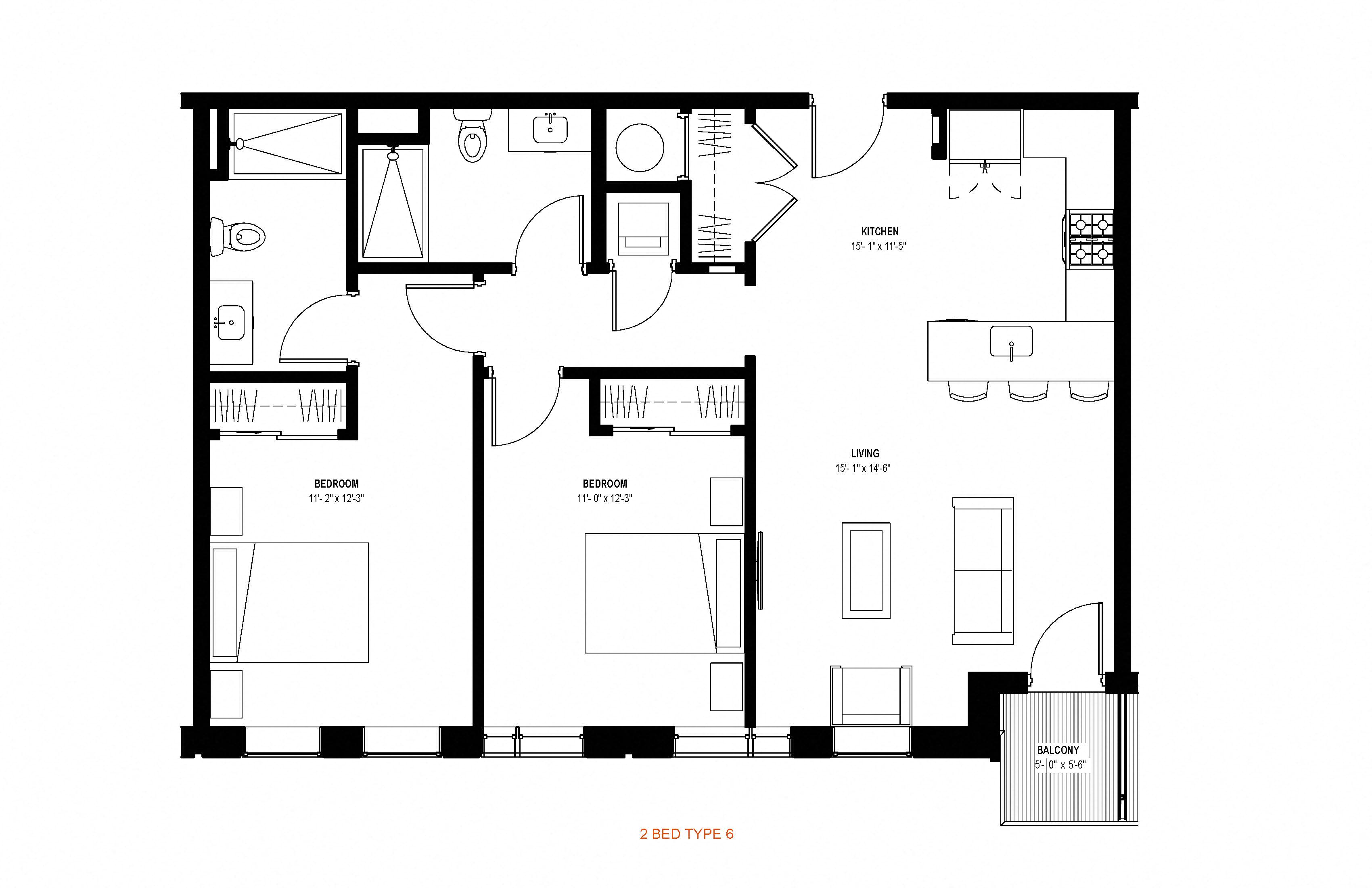 Floor plan for 2 beds, 2 baths, 1056 sqft